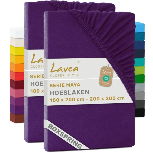 lavea Set van 2 Hoeslakens 180x200 cm – voor Dikke Matrassen tot 35 cm, voor Boxspring & Waterbed – 100% Katoen – met Elastiek – Hoge Kwaliteit – Donkerpaars