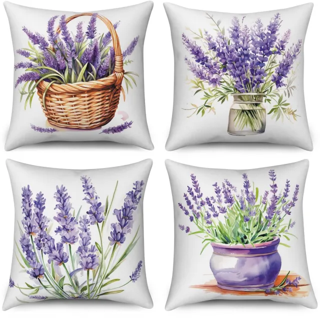 Ibenzoa Set van 4 decoratieve kussenhoezen met paarse bloemen en groene bladeren verschillende kleuren