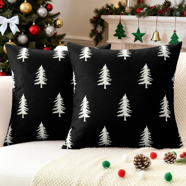 Unyqoos Set van 2 feestelijke kussenslopen met kerstboomprint voor binnen en buiten zwart