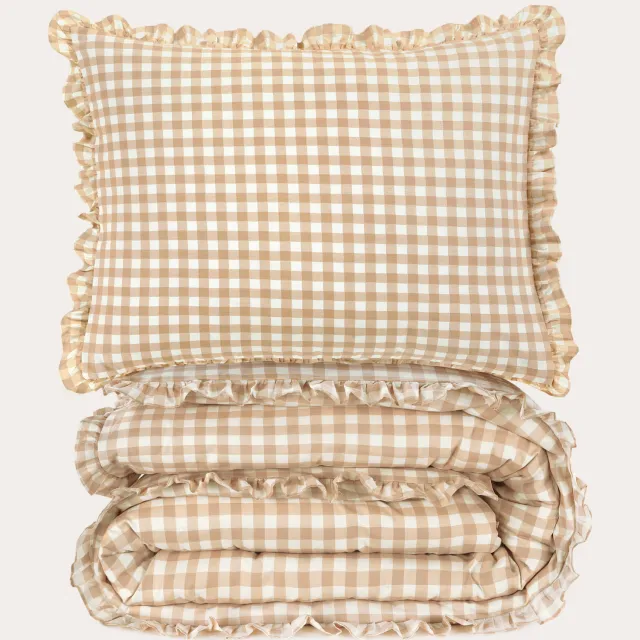 NOUS Kids katoenen geruite ruffle kinderdekbedovertrek 140x200 cm - beige