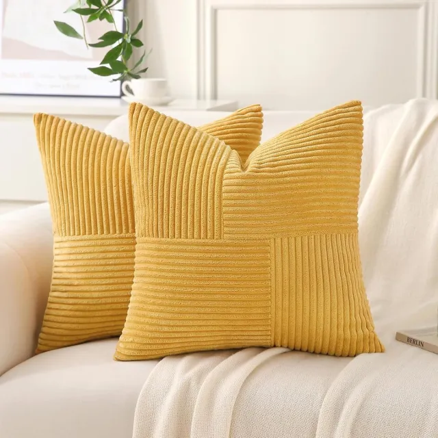 Famanu Set van 2 kussenslopen van ribfluweel, 55 x 55 cm, kurkuma geel, decoratief voor bank en bed