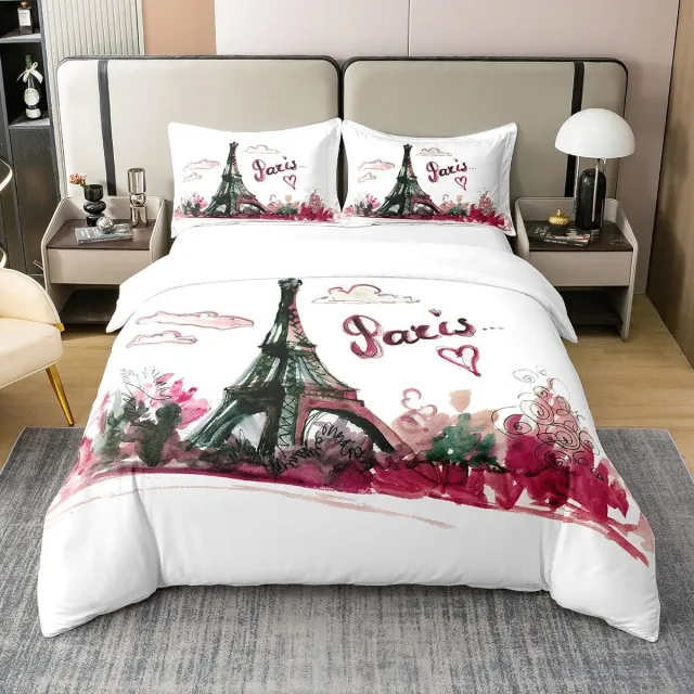 Ibenzoa Dekbedovertrekset met Eiffeltoren en Roze Bloemen voor Romantische Sfeer Wit
