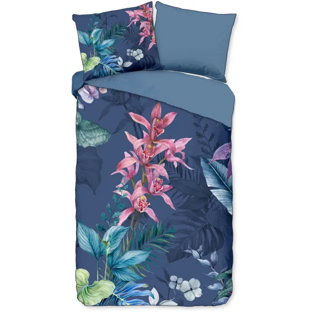 Descanso dekbedovertrek bloemen en bladeren - 1 persoons 140x200/220 cm - Blauw - 100% Katoen satijn Blue