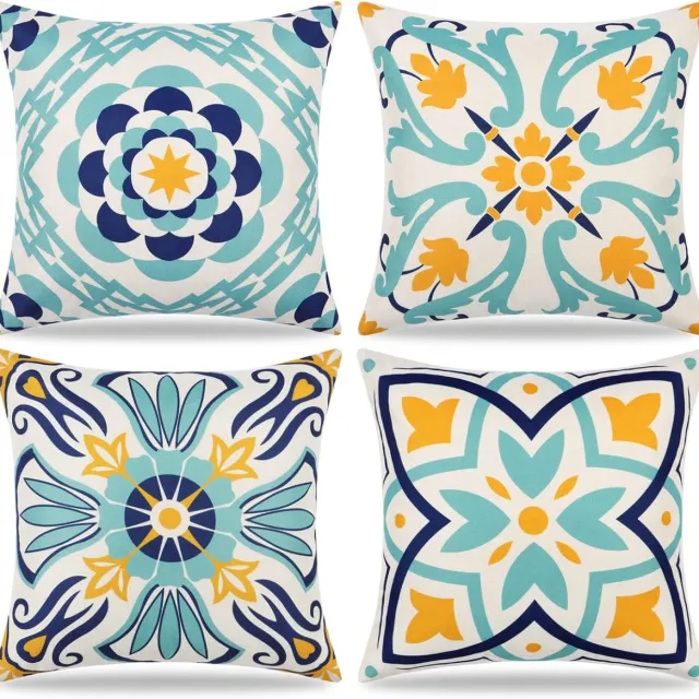 Famanu Waterdichte kussenslopen voor buiten - 45 x 45 cm - set van 4 kussenslopen met bloemenprint - boho - boerderij - decoratieve kussenslopen voor terras - bank - balkon - tuin Blauw