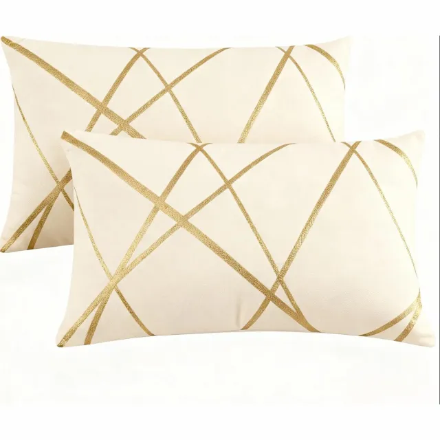 Famanu Set van 2 luxe fluwelen kussenslopen 30 x 50 cm, gouden gestreepte decoratieve hoezen voor bank en slaapkamer, beige