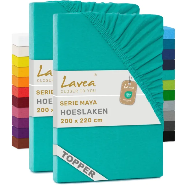 lavea Set van 2 Hoeslakens voor Topper 200x220 cm – 100% Katoen Jersey – voor Topper tot 10 cm – met Elastiek rondom – Turquoise