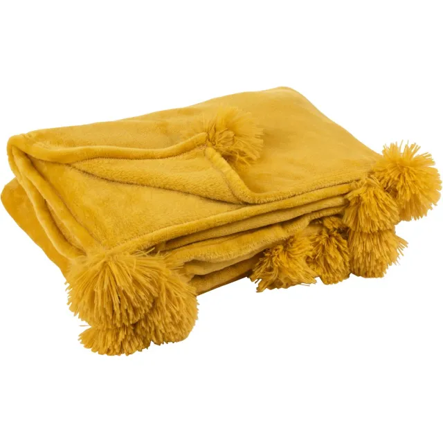 J-Line plaid Pompom - polyester - oker - 170 x 130 cm Geel