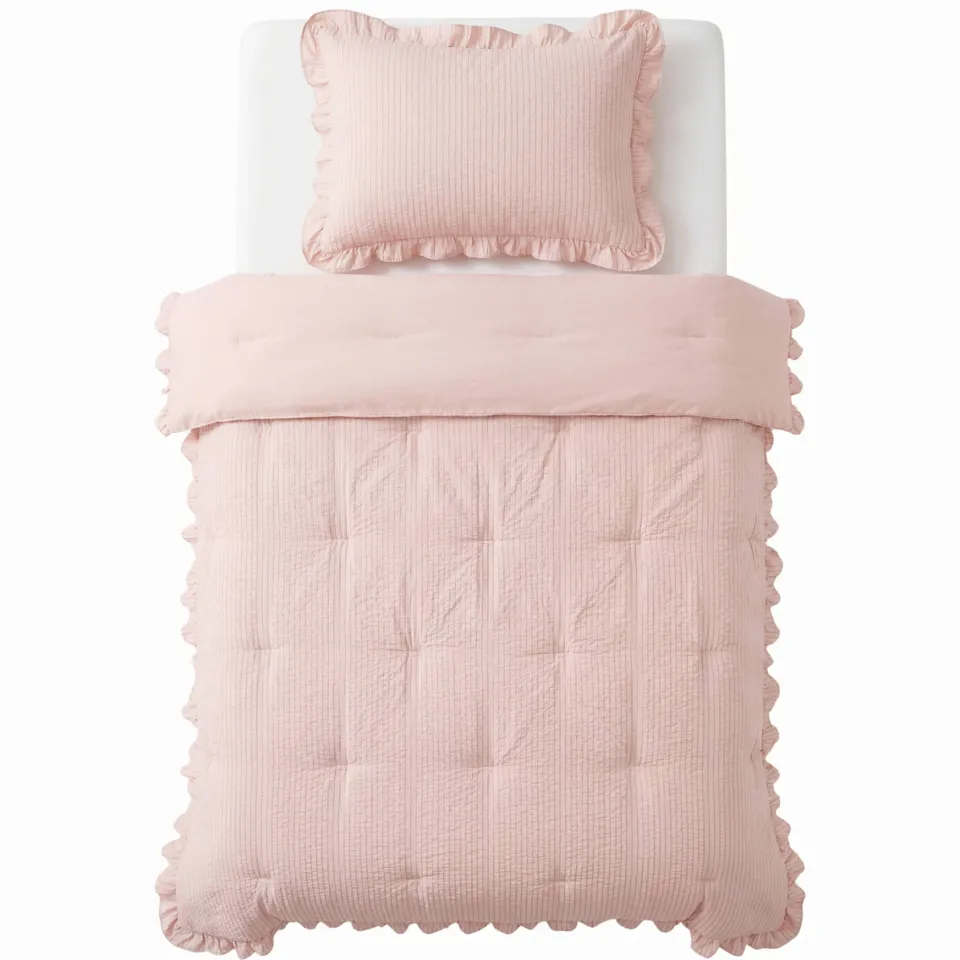 W seersucker dekbed zonder overtrek met kussensloop Lazy - ruffles roze, foto 5