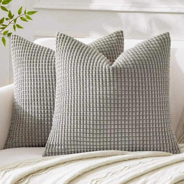 Famanu Set van 2 stuks corduroy kussenhoezen met reliëf ribfluweel decoratief 60 x 60 cm lichtgrijs
