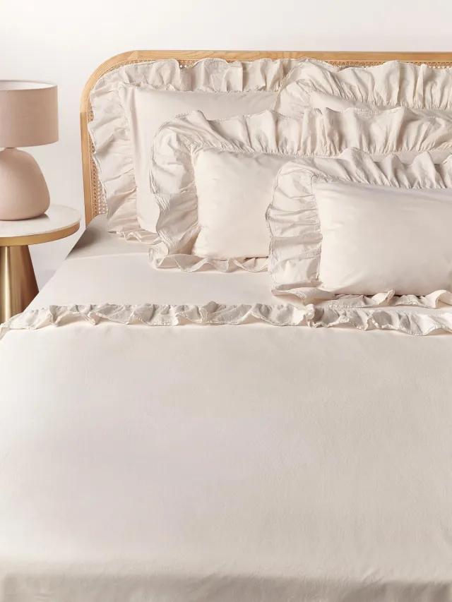 Westwing Collection Gewassen katoenen perkal laken Louane met franjes Beige