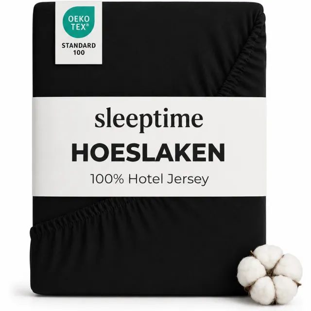Sleeptime Hotel Jersey Hoeslaken - Tweepersoons 140x200 cm - Hoekhoogte 30 cm - Stretchkatoen - Zwart Jersey Zwart