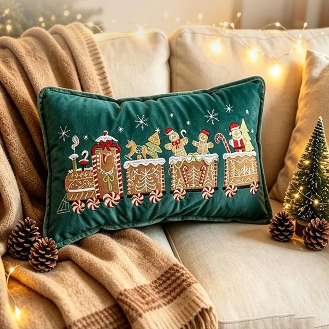FLITI Kerst Kussenhoezen - Set van 2 Fluwelen Sierkussenhoezen met Geborduurde Kersttrein - Zacht en Feestelijk - Voor Bank, Sofa en Bed - Groen - 50 x 30 cm