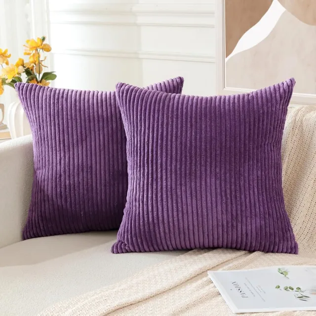 Famanu Corduroy kussenhoezen 40x40 cm aubergine paars set 2, zachte gestreepte effen sierkussens, boho decor