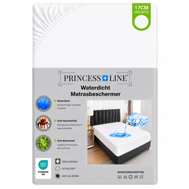 Princess Line Wasbare Waterdichte Matras Topperbeschermer-Waterdicht Badstofhoeslaken- Incontinentie Matrashoes -Ademend -Antibacteriëel – Anti-allergie-160x200 cm- Rondom Elastiek Topper hoogte tot 17cm Wit