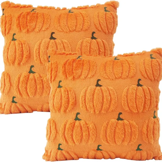 KZQ Herfst Kussenhoezen Set 2 Stuks - 45x45 cm Pompoen Design - Pluche Oranje Herfst Decoratie - Kussens voor Bank en Slaapkamer - Seizoensdecoratie voor Oogstfeest oranje kleur