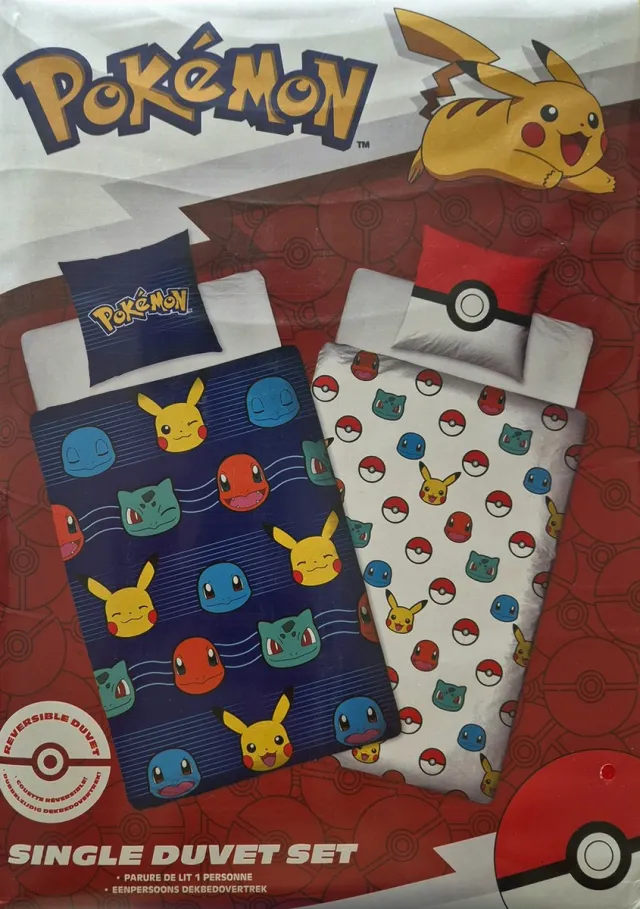 Vespo Pokemon Dubbelzijdig dekbed overtrek - pokémon - met kussensloop blauw, geel, rood, wit