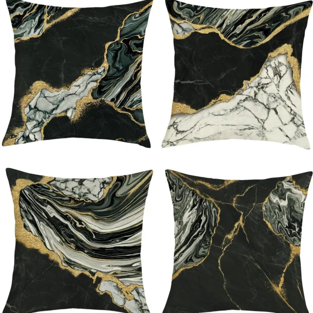 Ibenzoa Set van 4 Moderne Kussenhoezen 45x45 cm met Abstract Marmerpatroon in Zwart, Wit en Goud voor Stijlvolle Interieurdecoratie Zwart Wit