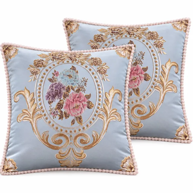 KZQ Set van 2 Decoratieve Kussenhoezen 48 x 48 cm - Europese Stijl met Bloemenpatroon en Sierlijke Rand - Blauwe Sierkussenhoezen voor Bank Slaapkamer Woonkamer - Klassieke Woondecoratie