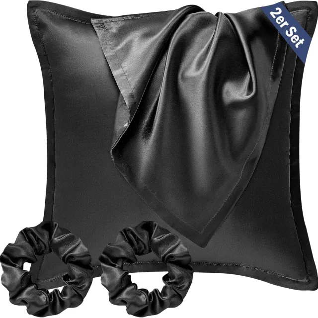 Famanu Satijnen kussenslopen 80x80 cm zwart set 2, vegan zijde look zacht als zijde, haar en huid, inclusief haarelastiekjes rood