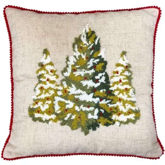 DeHome Kerstkussenhoes 40x40 cm met kerstboom borduurwerk en rode bies Beige