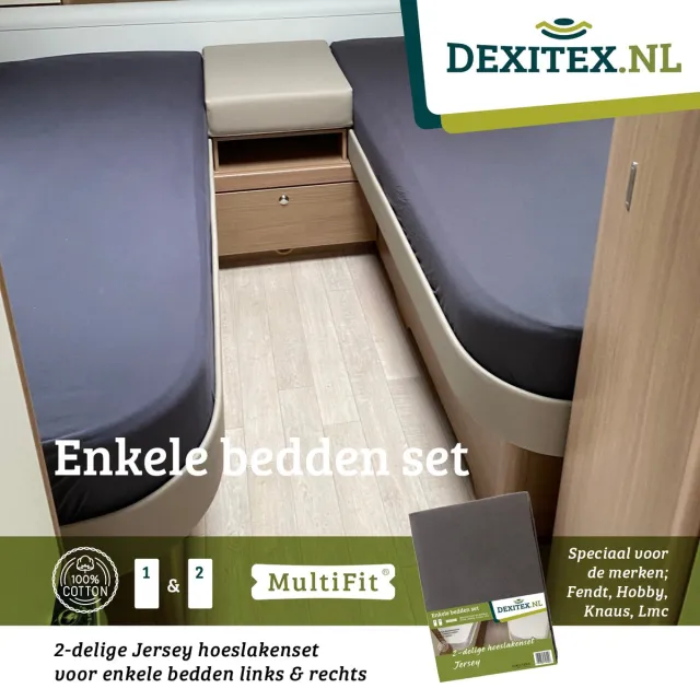 dexitex Hoeslakenset Antraciet enkele bedden 2 delig geschikt voor Caravan Fendt-Hobby-Knaus-LMC-Tabbert-Weinsberg-Dethleffs-Bürnster