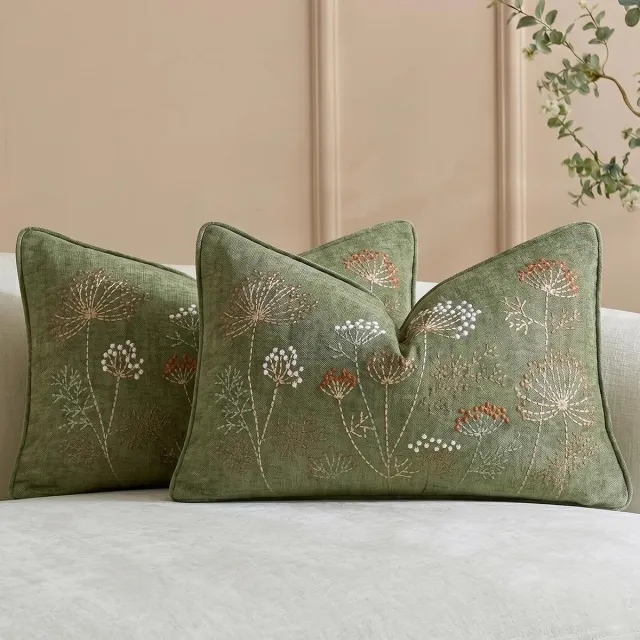 SNQ 2 Stuks Geborduurde Lendenkussenslopen - 30x50 cm - Chenille met Wildbloemenmotief - Saliegroen - Voor Bank en Bed