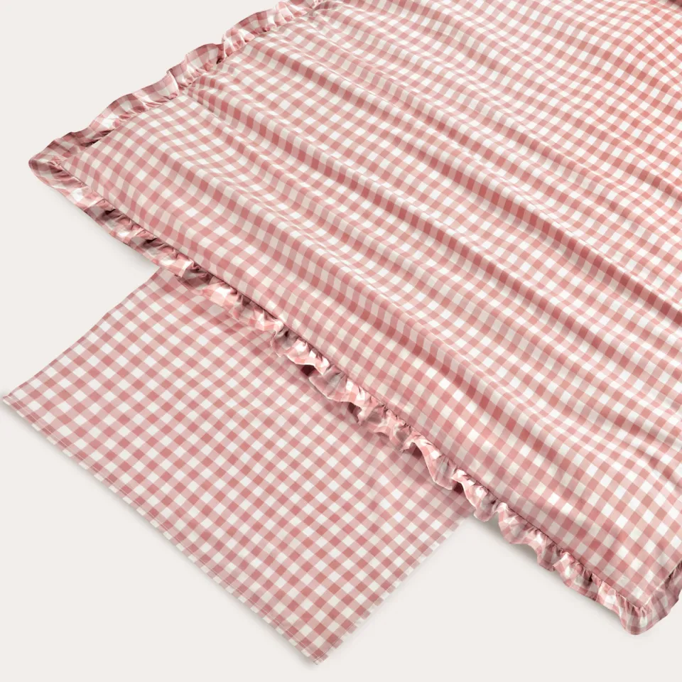 NOUS Kids katoenen geruite ruffle kinderdekbedovertrek 140x200 cm - roze, foto 2