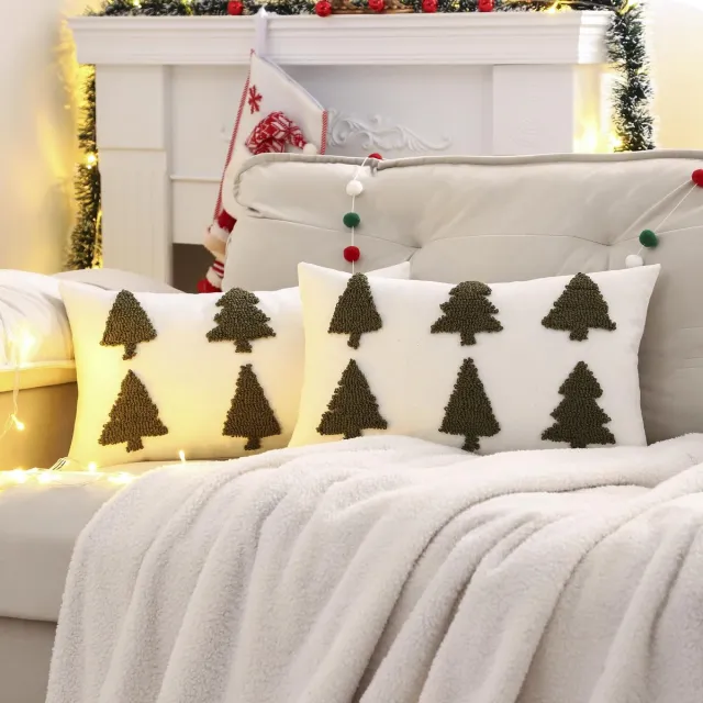 Unyqoos Set van 2 groene kussenhoezen met kerstboomdesign voor sfeervolle decoratie