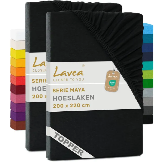lavea Set van 2 Hoeslakens voor Topper 200x220 cm – 100% Katoen Jersey – voor Topper tot 10 cm – met Elastiek rondom – Zwart