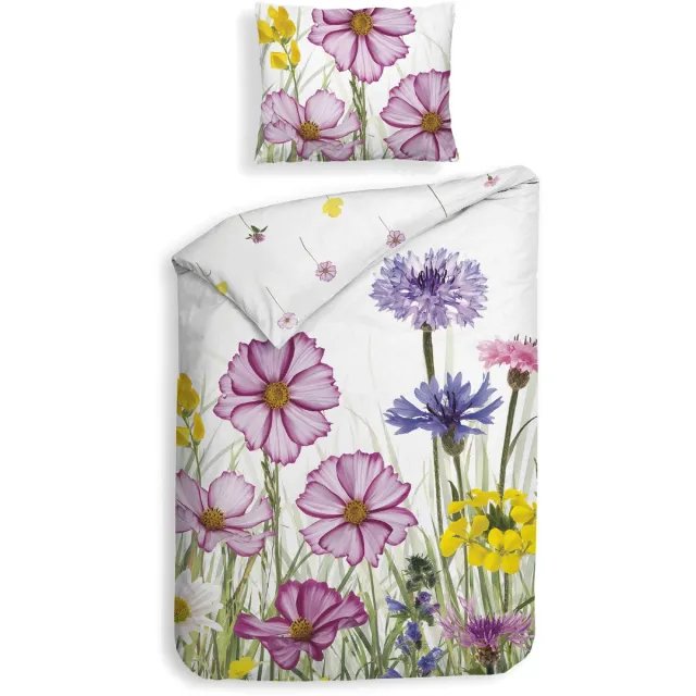 Heckettlane Dekbedovertrek Campo - Bedlinnen met Bloemen print - 140x200-220 cm - Wit - Dekbedovertrek van 100% Katoen-Satijn White