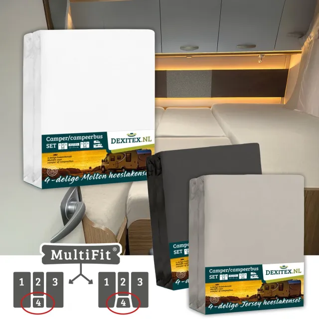 dexitex 1 x Molton + 1 x Hoeslaken Zandkleur + 1 x Hoeslaken Antraciet / 4 delige set-Geschikt voor Camper lengtebedden of enkele bedden 1 molton/ 2 x hoeslakens Zandkleur + Antraciet