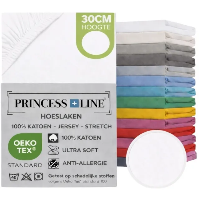 Princess Line Comfortabel Ultra-Soft-Hoeslaken -100% katoen-Jersey -Stretch -Strijkvrij- Rondom elastiek-Hoekhoogte tot 30cm-2Persoons-160x200 cm-Wit