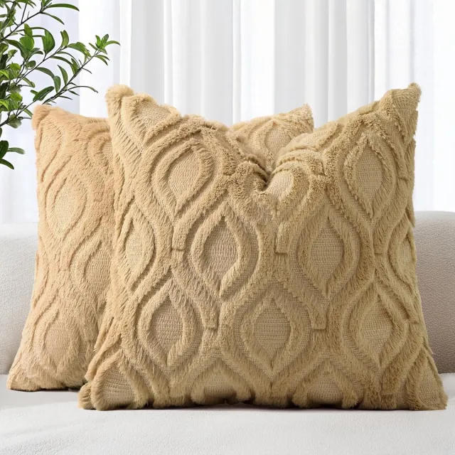 Famanu Set van 2 kussenslopen uit kunstbont, 50 x 50 cm, decoratieve, zachte pluche pluizige fluwelen kussenhoes 50 x 50 cm, vierkant, boho, neutrale kussensloop voor bank, taupe