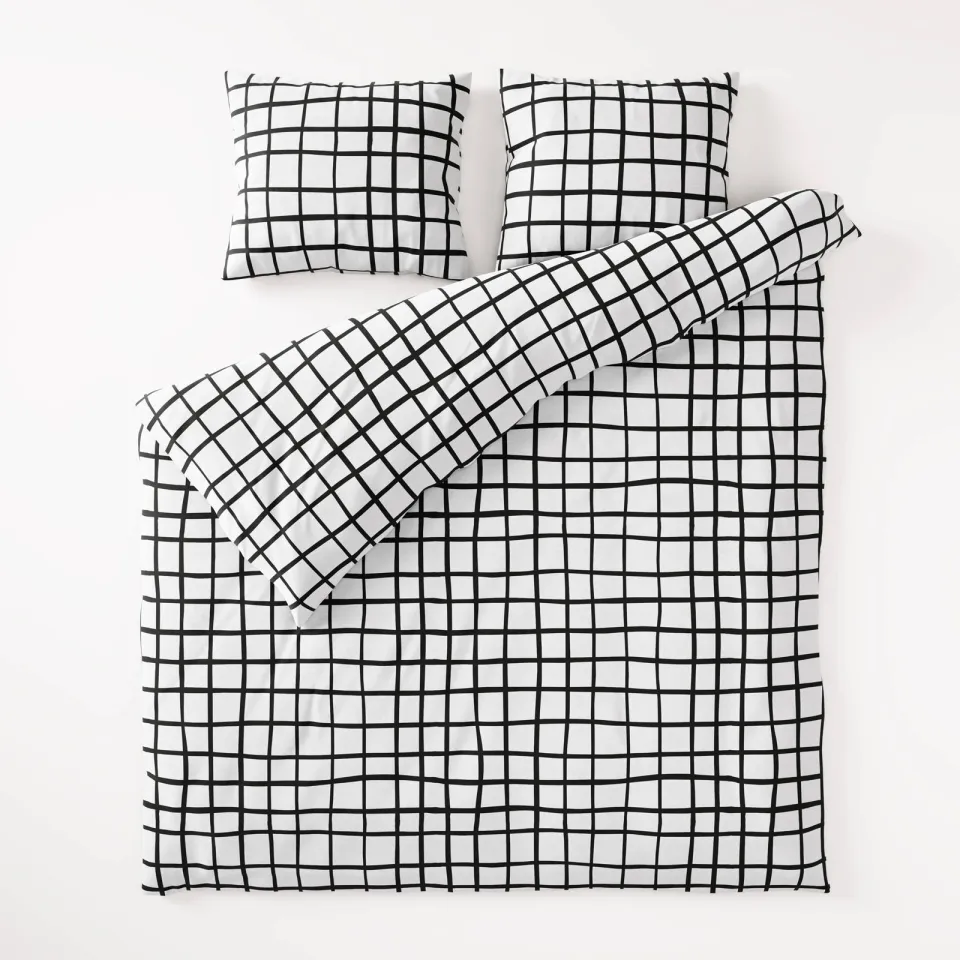 W katoen-polyester dekbedovertrek lits-jumeaux wit met zwarte ruit, foto 2