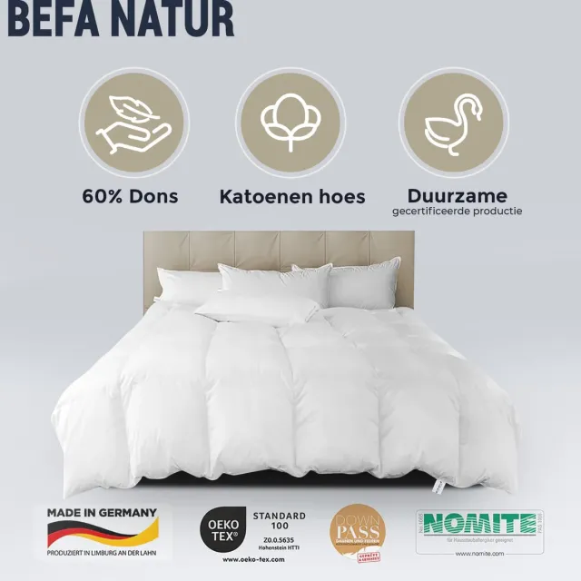 BEFA Natur Dekbed all seasons eendendonsdekbed, 240x220 cm, van 60% eendendons en 40% veren, Gemaakt in Duitsland Wit