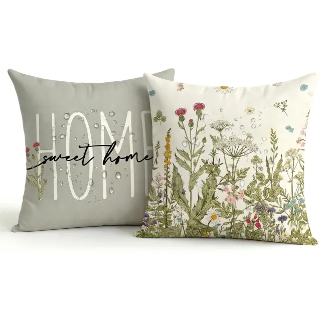 Famanu Set van 2 waterdichte outdoor kussenhoezen, 40 x 40 cm, grijs met groen plantendesign, dubbelzijdig en modern, linnen-polyester, voor balkon en tuin