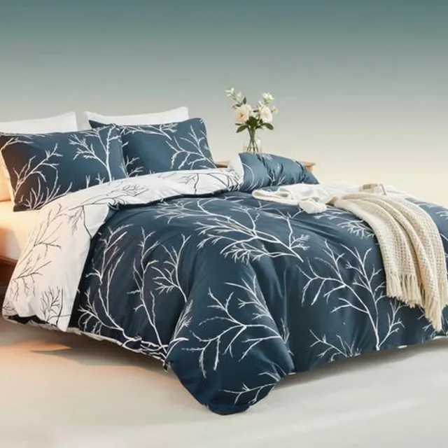 Arvion Dekbedovertrek 220x240 cm 3-delig met 2 kussenslopen 80x80 cm - Microvezel - Takkenpatroon - Marineblauw/Wit