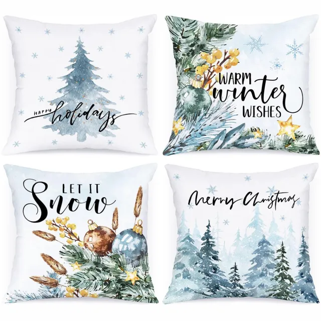 Unyqoos Set van 4 decoratieve kussenslopen met winterse kerstthema voor sfeervolle inrichting wit