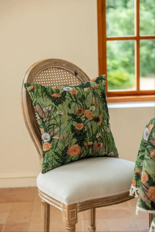 Floraweg Vintage Van Gogh-kussenhoes met jacquardpatroon van wilde bloemen, dikke vierkante kussenhoes van polyester met bloemenmotief in olieverfstijl, geschikt als decoratie voor een bank in boerderijstijl, 45 x 45 cm groen