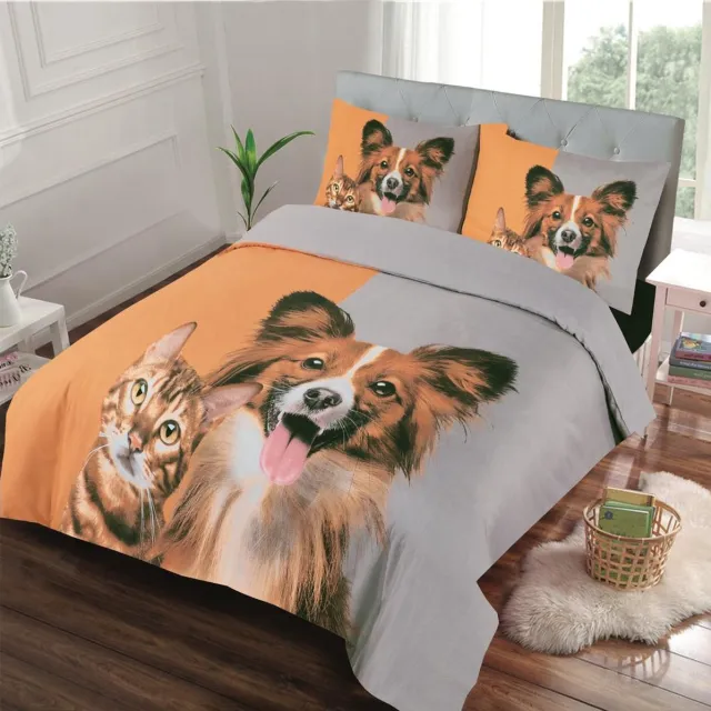 princessdekbedden Dekbedovertrek -Hond en kat-Tweepersoons-200x200/220-cm + 2 kussenslopen 60x70cm Beige/Grijs