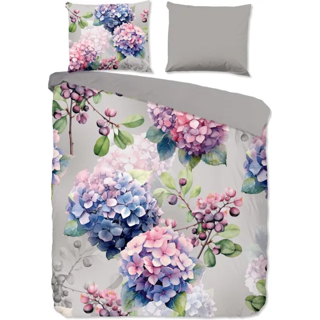 Good Morning dekbedovertrek hortensia bloemen - 2 persoons 200x200/220 cm - Grijs - 100% Katoen renforce Grey