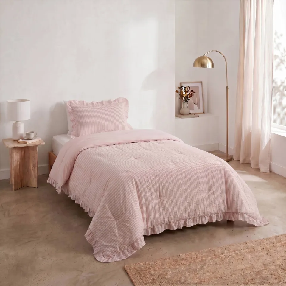 W seersucker dekbed zonder overtrek met kussensloop Lazy - ruffles roze, foto 6