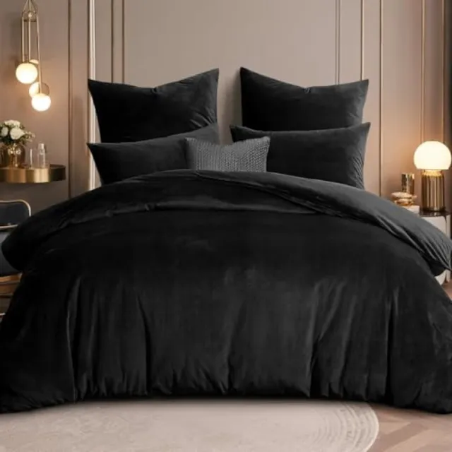 Nazik Living Flanellen dekbedovertrek 220x240 cm – warm fleece beddengoed set met 2 kussenslopen 80x80 cm, zwart