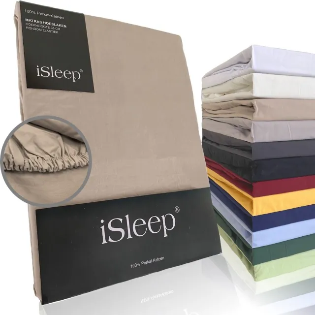 iSleep Perkal Hoeslaken - 100% Perkal Katoen - Hoge Hoek - Rondom Elastiek - Litsjumeaux - 180x200 cm - Medium Beige
