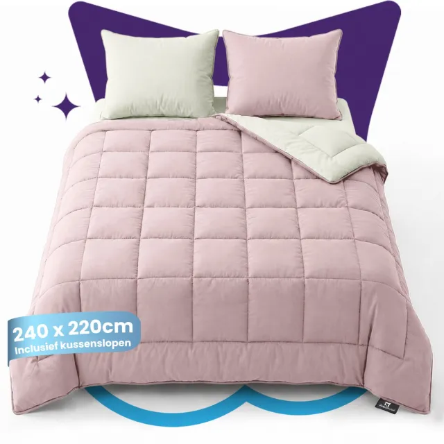 Slaapspeciaal Eazydekbed Supersoft Roze/Ivoor - Dekbed zonder Overtrek - Wasbaar Dekbed - Hoesloos Dekbed - All Year Dekbed - 2 in 1 Dekbed - Incl. 2 Kussenslopen - 240x220 cm