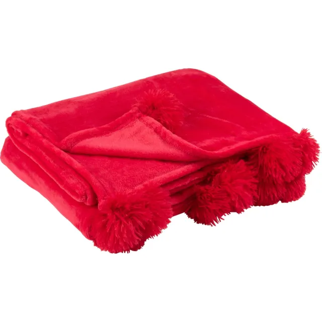 J-Line Plaid Pompom - fleece deken - polyester - fushia - 170 x 130 cm - woonaccessoires