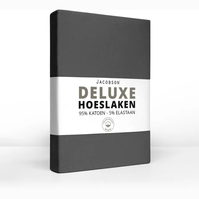 JACOBSON Deluxe Hoeslaken – 95% Jersey Katoen / 5% Lycra – 200x200 cm – tot 23cm matrasdikte – 250 g/m² – Antraciet