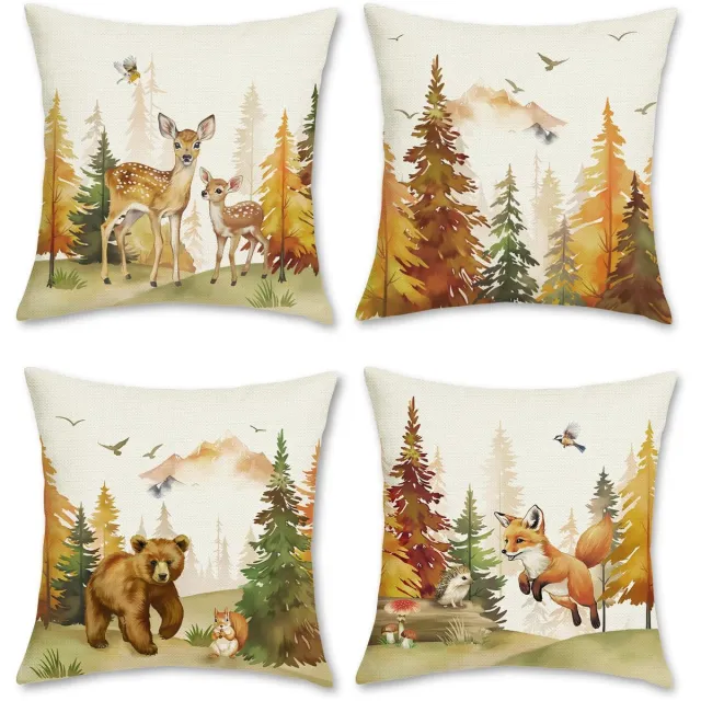 Ibenzoa Set van 4 decoratieve kussenhoezen met herfstbosdieren, 45 x 45 cm, voor huis, tuin en auto decoratie kleurijk