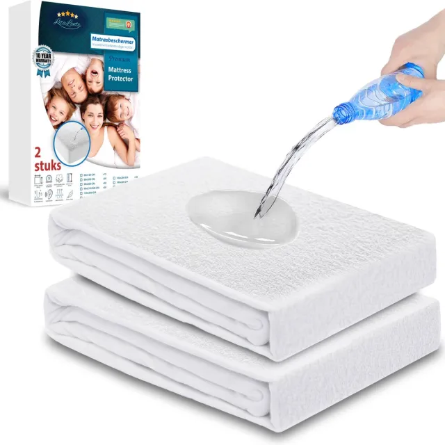 Litalente Katoenen Matrasbeschermers - Waterdichte Matrasbeschermer (set van 2) 180x200 cm Hoeslakenbadstof Matrasbeschermhoezen - Antibacteriëel - Rondom Elastiek - Wit - Waterdichte Matras Beschermer Incontinentie Matrasbeschermer 180 x 200 cm