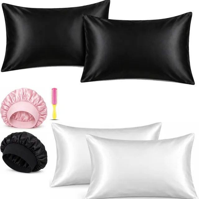 Professor Q Haar- en Slaapset - 2 Kussenslopen Wit 60 x 70 cm - 2 Kussenslopen Zwart 60 x 70 cm - Bonnet Roze - Bonnet Zwart - Fusion Pink Borstel Kussenslopen Wit/Zwart